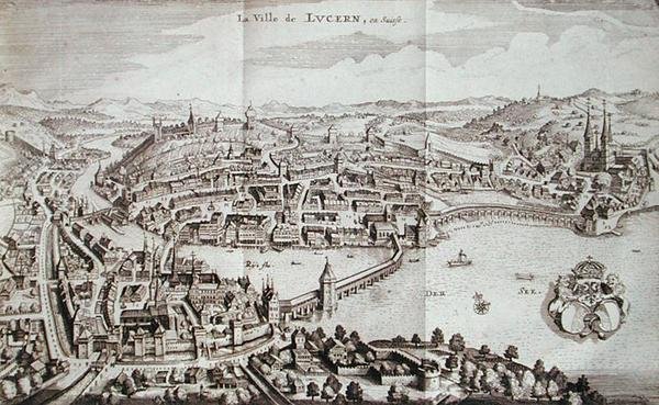 Byen Lucerne, Sveits, fra 