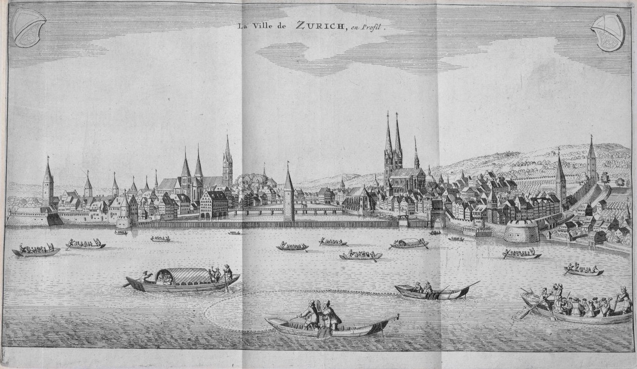 Byen Zürich, Sveits, fra bind II av Itinera Alpina av Johann Jacob Scheuchzeri, utgitt 1706 av German School