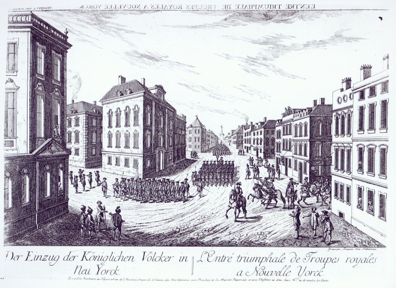 The Triumphant Entry of the Royal Troops in New York, 1776, gravert av Francois Xavier Habermann av German School