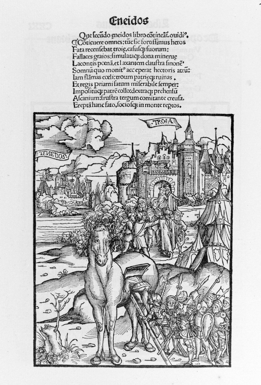 Den trojanske hesten. Aeneid. Xylografi av Sebastian Brant. Strasbourg av German School