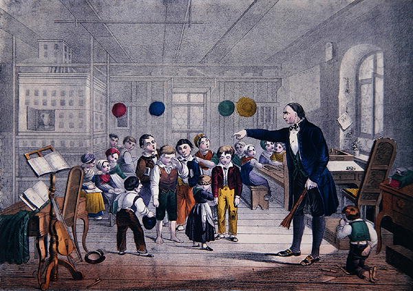 Landsbyskolemesteren, ca. 1850 (farge litho) av German School
