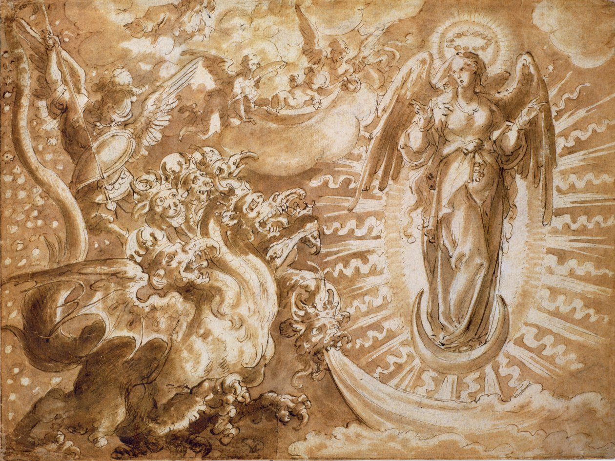 Kvinnen kledd med solen og den syvhodede dragen, ca. 1600 (penn og blekk med vask over svart kritt) av German School