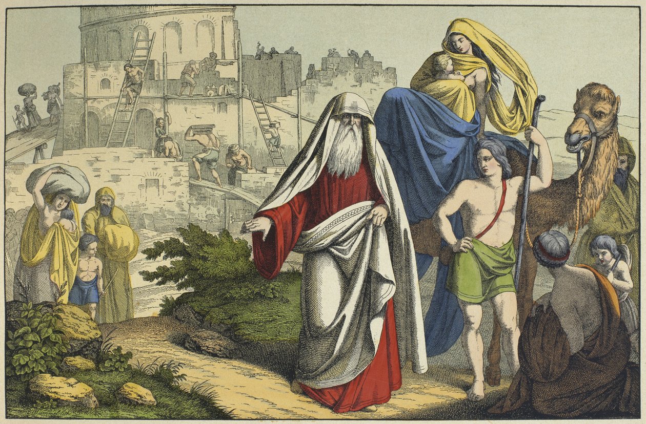 Konstruksjonen av Babelstårnet, illustrasjon fra LAncien Testament, utgitt av Jakob Ferdinand Schreiber, Esslingen (fargegravering) av German School
