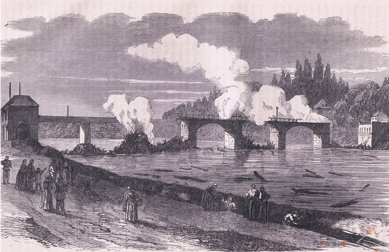 Forsvaret av Paris-brennende broen til Asnieres, Cassells historie om krigen mellom Frankrike og Tyskland utgitt av Cassell and Company Limited, ca. 1890 (litho) av German School
