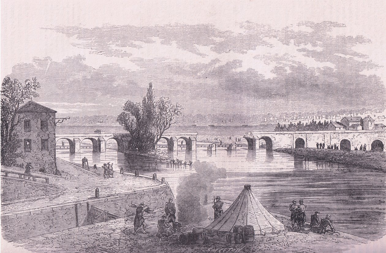 Forsvaret av Paris-ødeleggelsen av broen Jonville-sur-Marne, Cassells History of the War between France and Germany utgitt av Cassell and Company Limited, ca. 1890 (litho) av German School