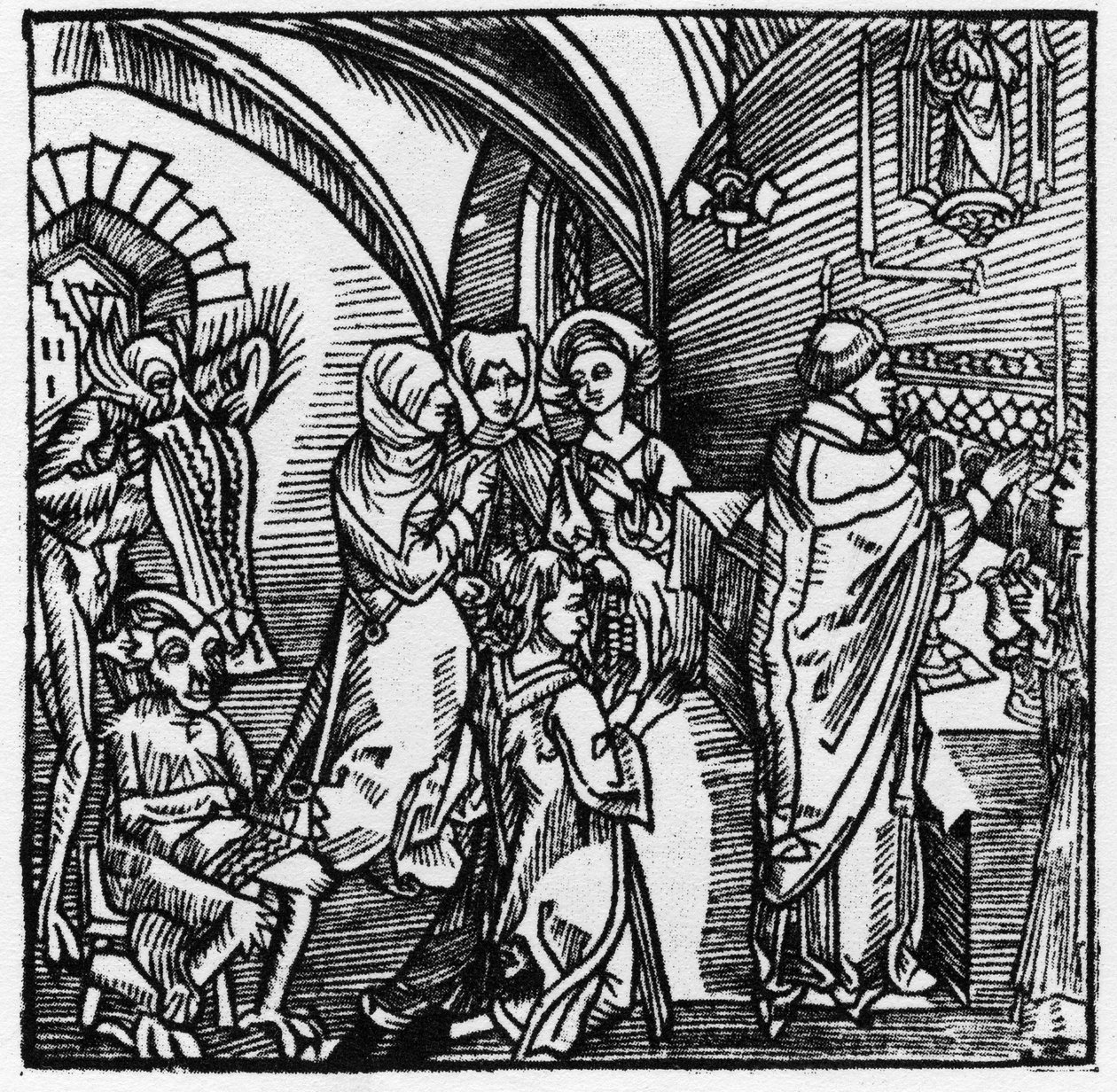 Djevlene transkriberer kjøpmennenes skravling under messen - i "Der Ritter von Turn"" av Knight Marquard vom Stein 1498 av German School