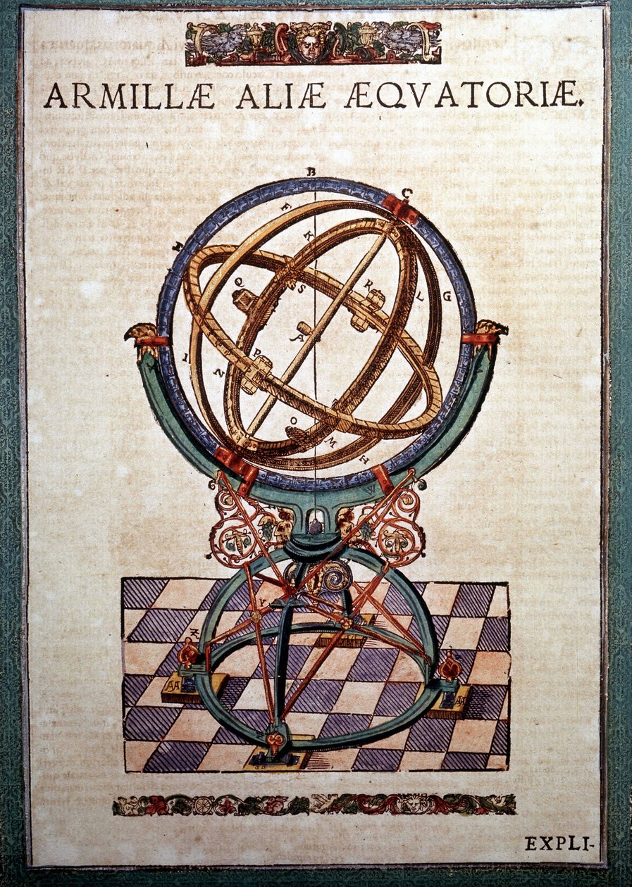 Den ekvatoriale armillarsfæren i "astronomy instituted mechanisms" av Tycho Brahe (1546 - 1601), Wandsbeck av German School