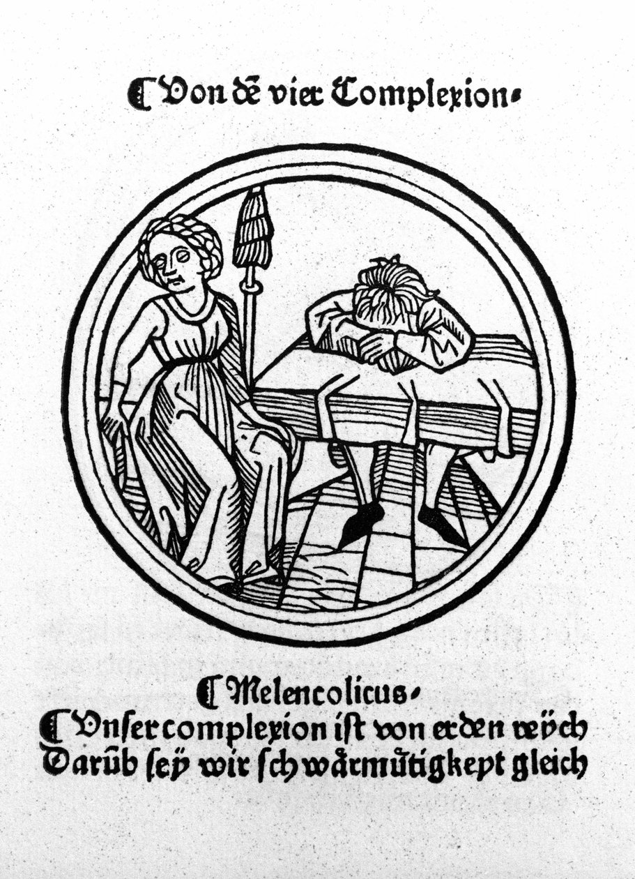 De fire temperamentene: melankolsk (trist og deprimert). Xylografi, Augsburg 1480. av German School