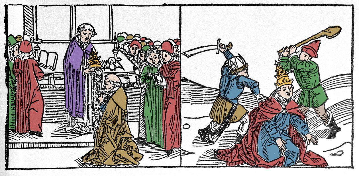 Martyrdøden til Saint Fabien (3. århundre), torturert pave og deretter halshugget, under keiser Dece-regjering. Gravering fra "Leben der Heiligen - sommerteil" (Helgenens bok) av Jacobus (James) av Voragine (1228-1298). Lübeck 1488. av German School