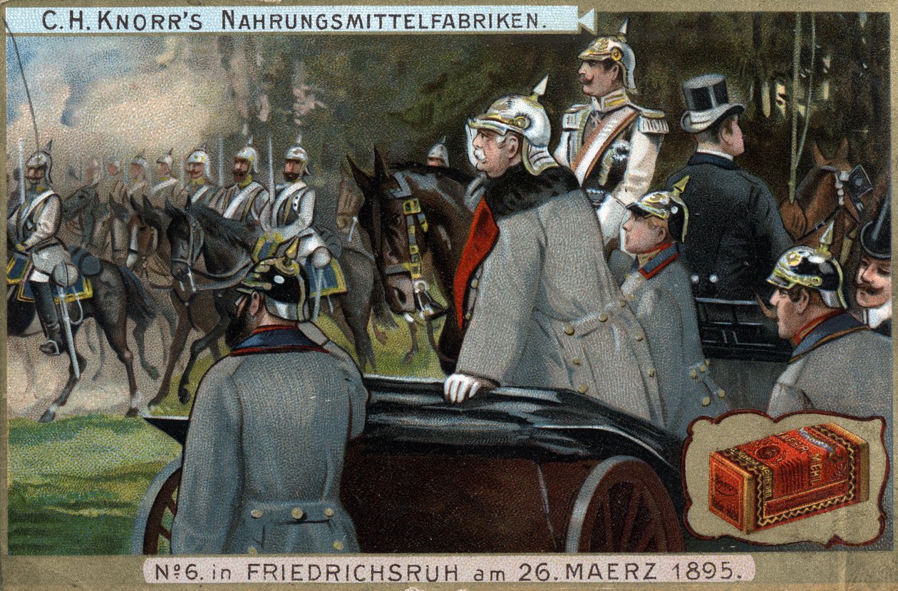 The military troops of the Prussian Armee passed before Chancellor Otto von Bismarck (1815-1898) on 26 March 1895 in Friedrichsruh, Germany. Chromolithography, late 19th century. av German School