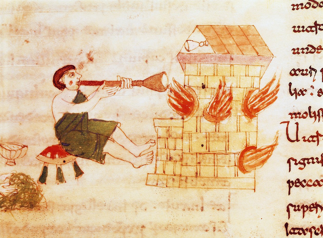 Miniatyrglassblåseren fra manuskriptet "" De Universo"" (eller De rerum naturis (Of the Nature of Things)) (cod. 132) av Rabanus Maurus Magnentius (eller Raban Maur eller Rabano Mauro) (ca. 780-856) . 9. århundre. Arkivet til Monte Cassino Abbey (Mount Cas av German School