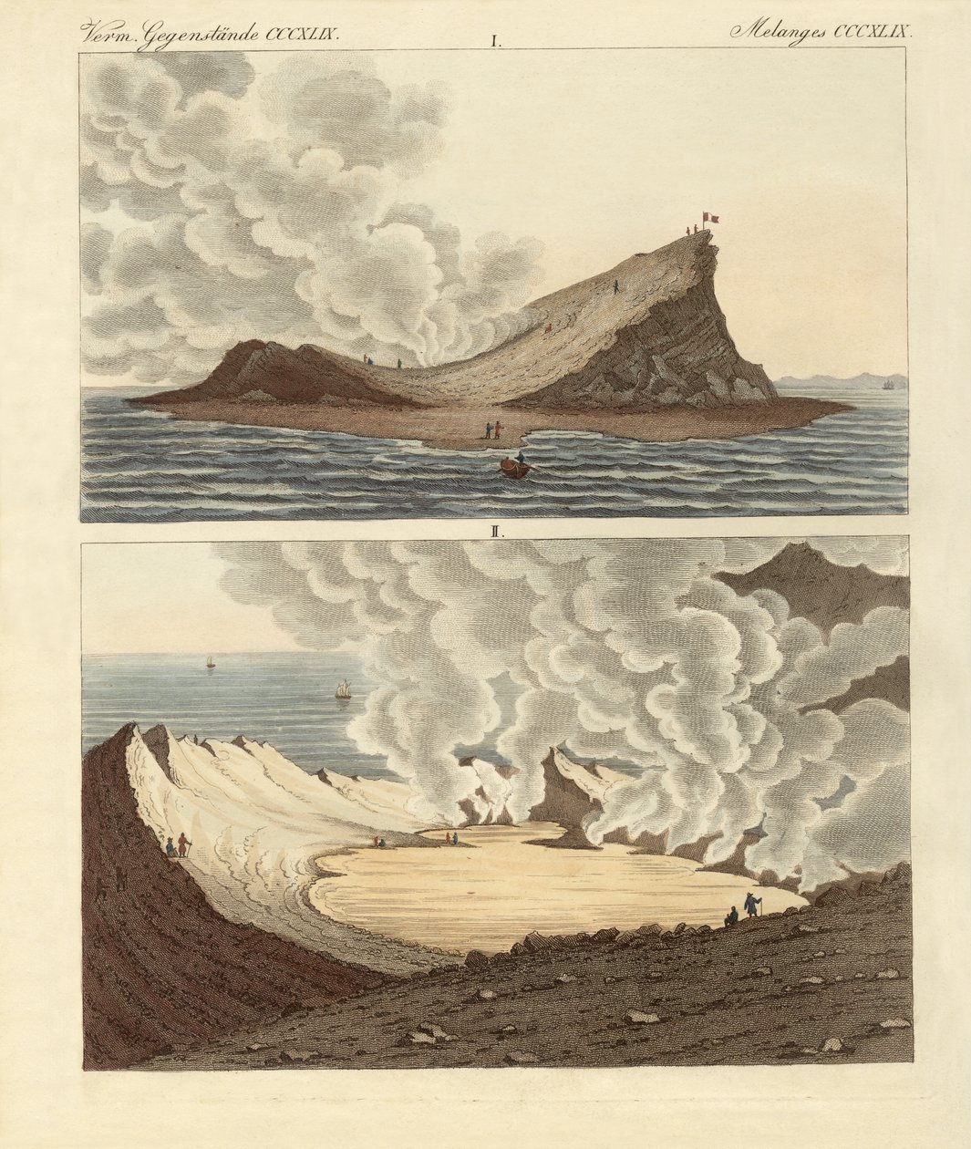 Den nye vulkanøya ved Middelhavet, to måneder senere (farget gravering) av German School