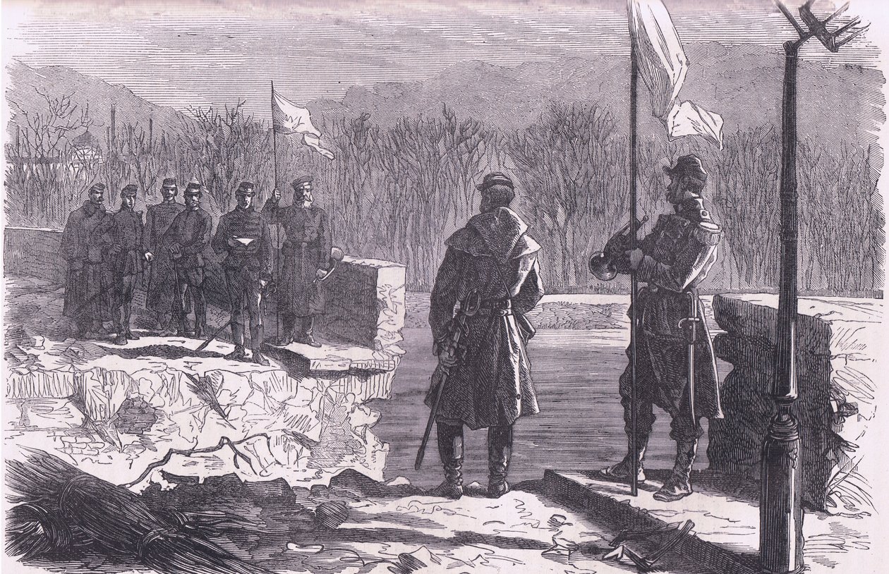 Fredsforhandlingene - et møte ved broen til Sevres, Cassells historie om krigen mellom Frankrike og Tyskland utgitt av Cassell and Company Limited, ca. 1890 (litho) av German School