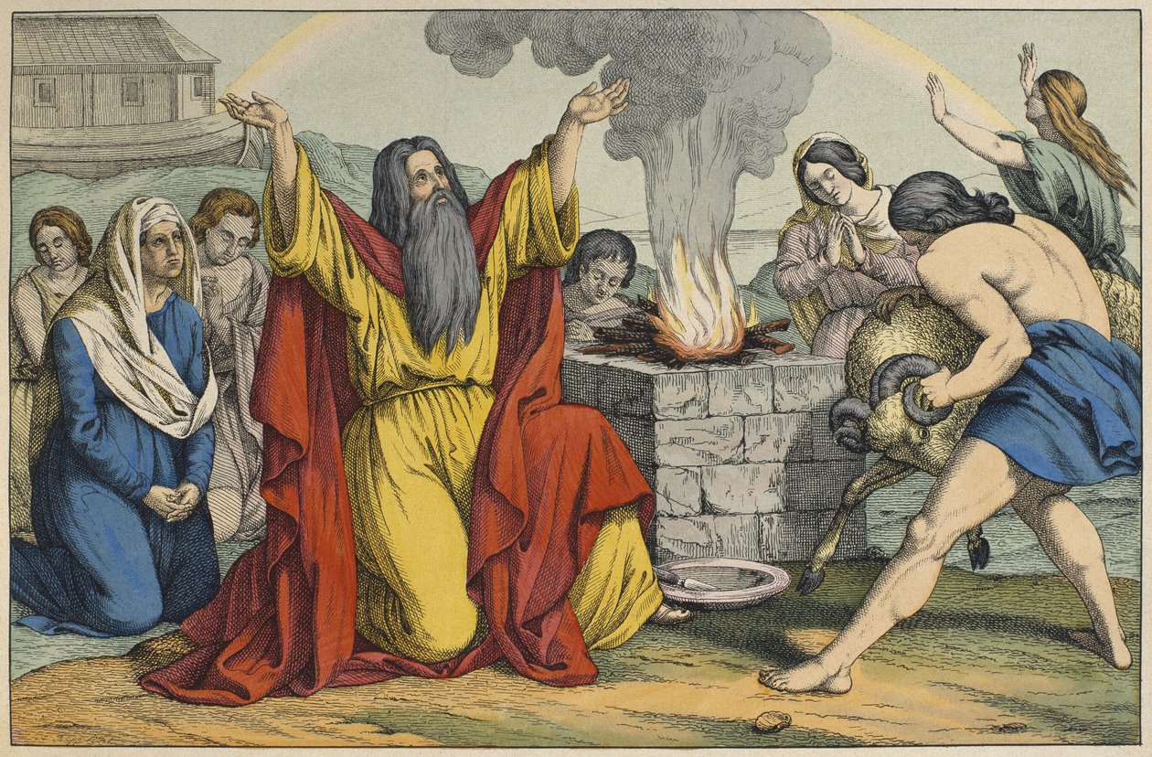 Noahs offer, illustrasjon fra LAncien Testament, utgitt av Jakob Ferdinand Schreiber, Esslingen (fargegravering) av German School
