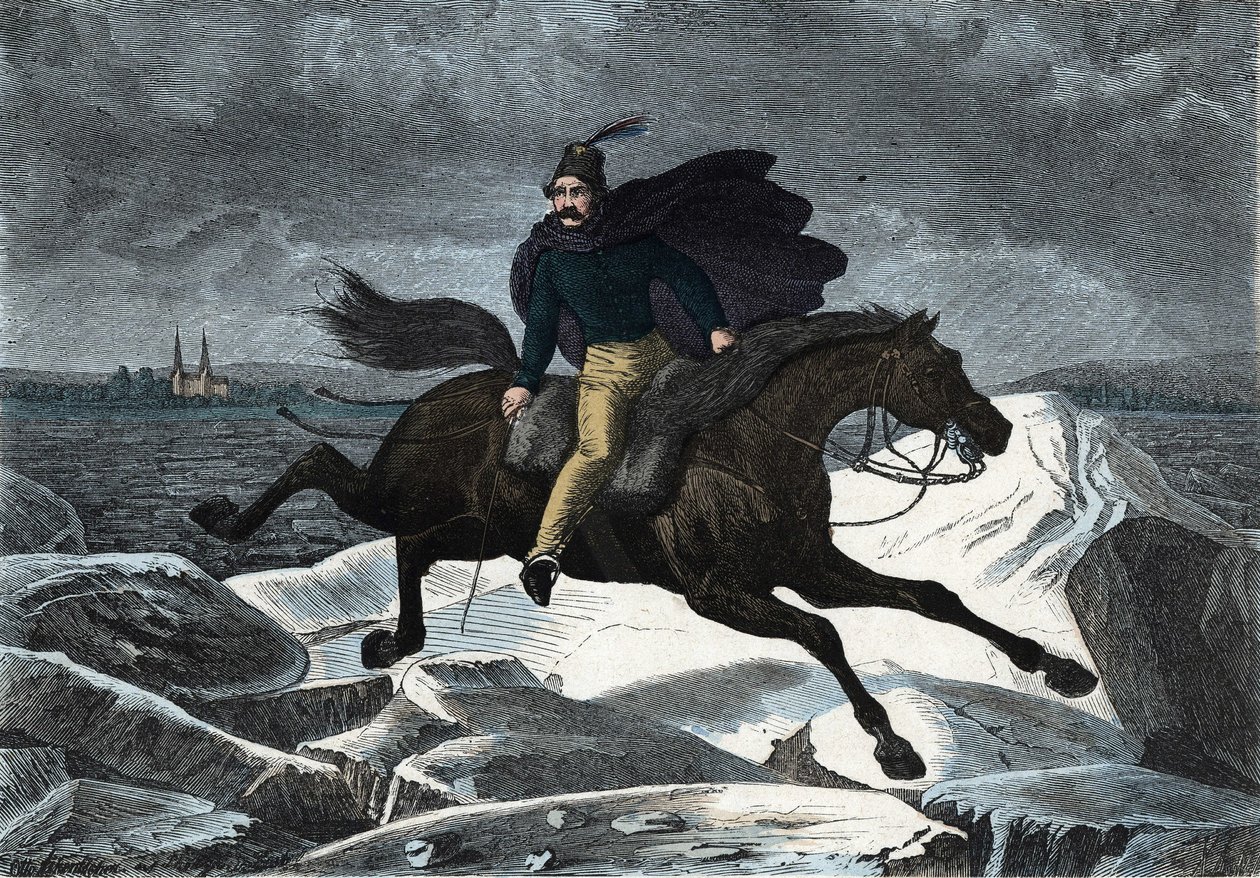 Fortellingen Sandor på hesten sin Tartar galopperende på iselven ved Donau. I "" Wenn Jemand eine Reise thut, so kann er was erzahlen"" (Når noen reiser, dette er det han kan fortelle), tysk fortelling av Franz Wiedemann av German School