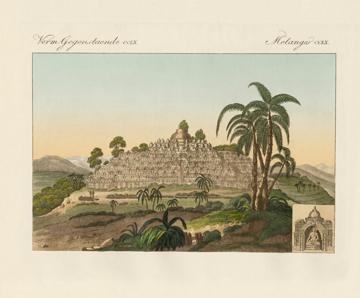 Templet til Buddha av Borobudur i Java (farget gravering) av German School