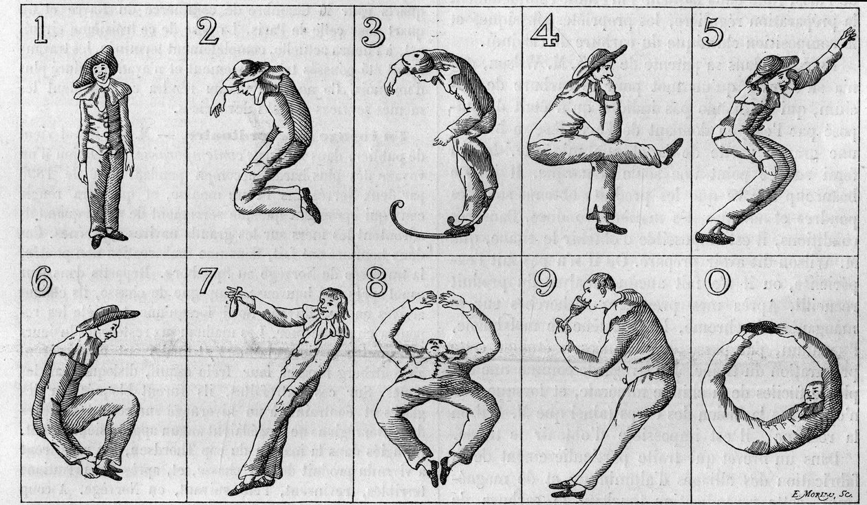 De ti figurene figuren av Harlequin. (Reduksjon av halvparten av originalen, fra samlingen til Gaston Tissandier). Tysk gravering fra 1700-tallet i "La Nature: revue des sciences et de leurs applications aux arts et a l