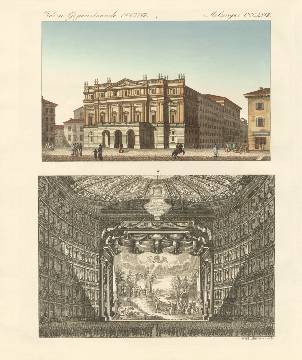 Teateret Della Scala i Milano (farget gravering) av German School