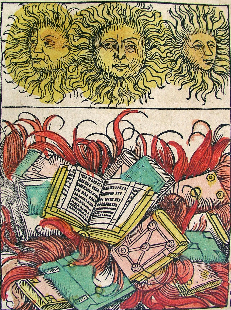 "Three Suns and Book Burning", publisert i Nuremberg Chronicle, 1493 av German School