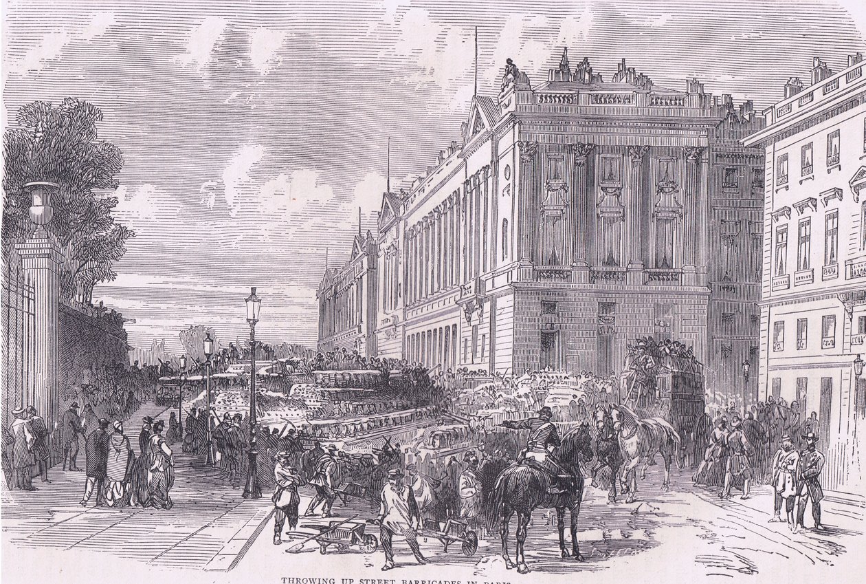 Kaster opp gatebarrikader i Paris, Cassells History of the War between France and Germany utgitt av Cassell and Company Limited, ca. 1890 (litho) av German School