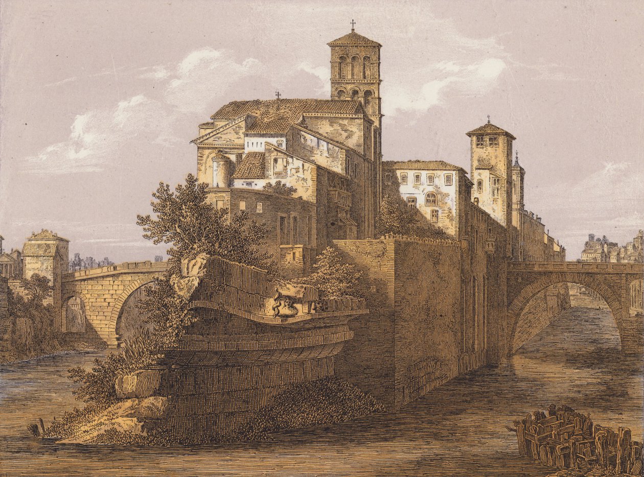 Tiberøya, Roma, Italia (fargelitografi) av German School