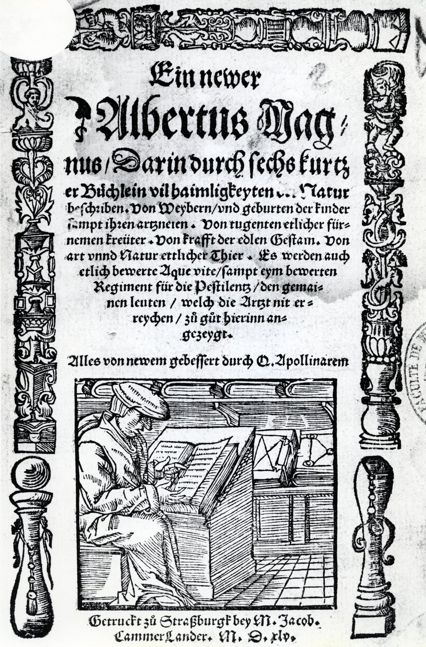 Tittelside for en ny Albertus Magnus: seks korte bøker som beskriver mange av naturens hemmeligheter, utgitt 1514 (tresnitt og boktrykk) av German School