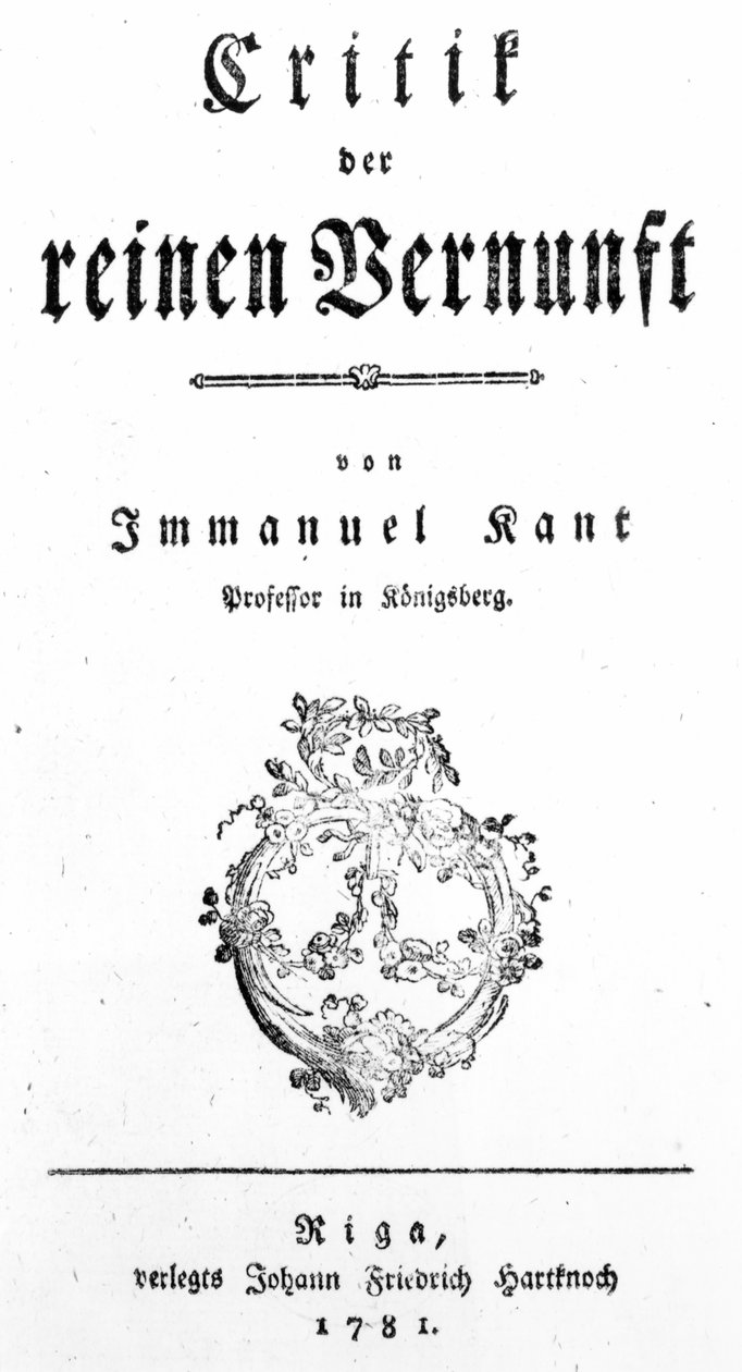 Tittelside for kritikk av ren fornuft av Immanuel Kant, utgitt i 1781 av German School