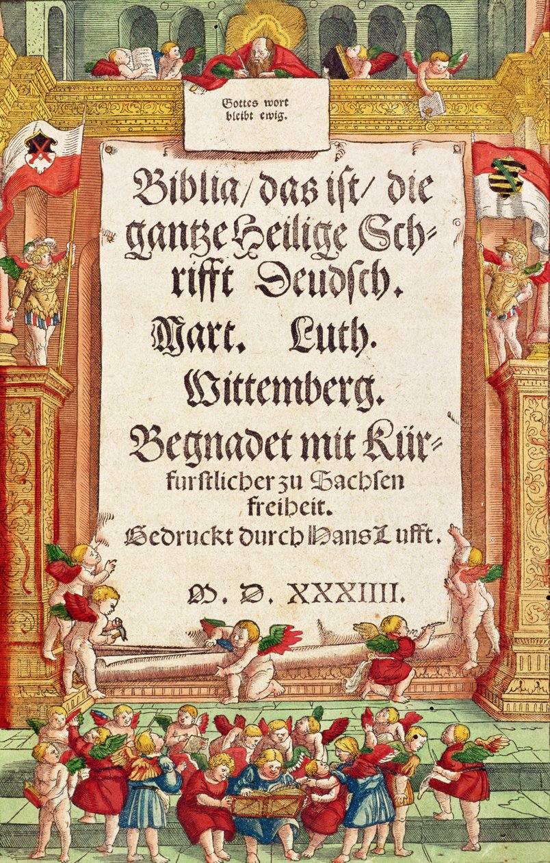 Tittelside fra Lutherbibelen, ca. 1530 (farget tresnitt) av German School