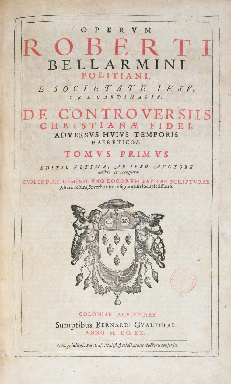 Tittelside til De Controversiis av Robert Bellarmine, utgave utgitt i Köln i 1620 (trykt papir) av German School