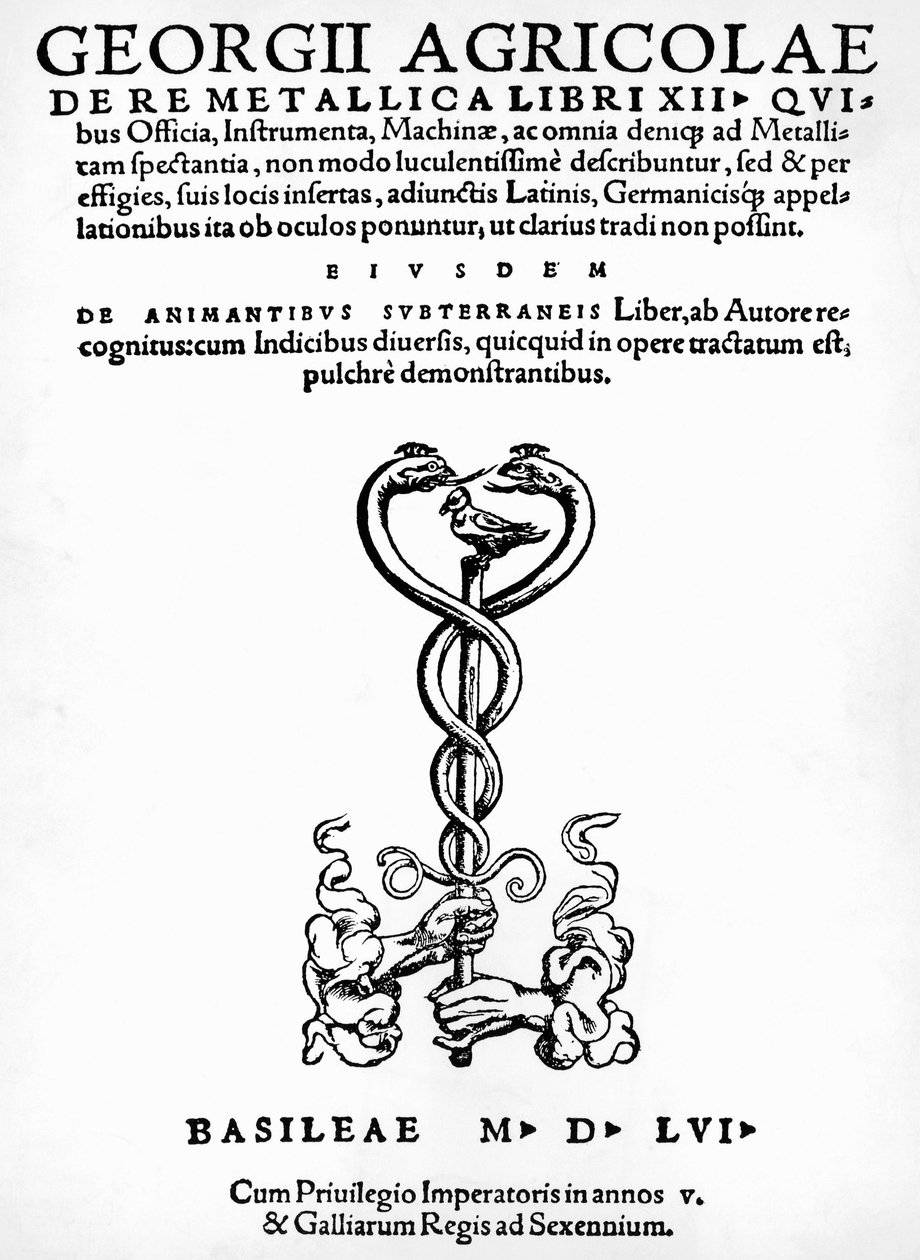 Tittelside til De re metallica (Om metallers natur), av Georg Pawer eller Georgius Agricola (1494-1555), utgitt i Basel av German School