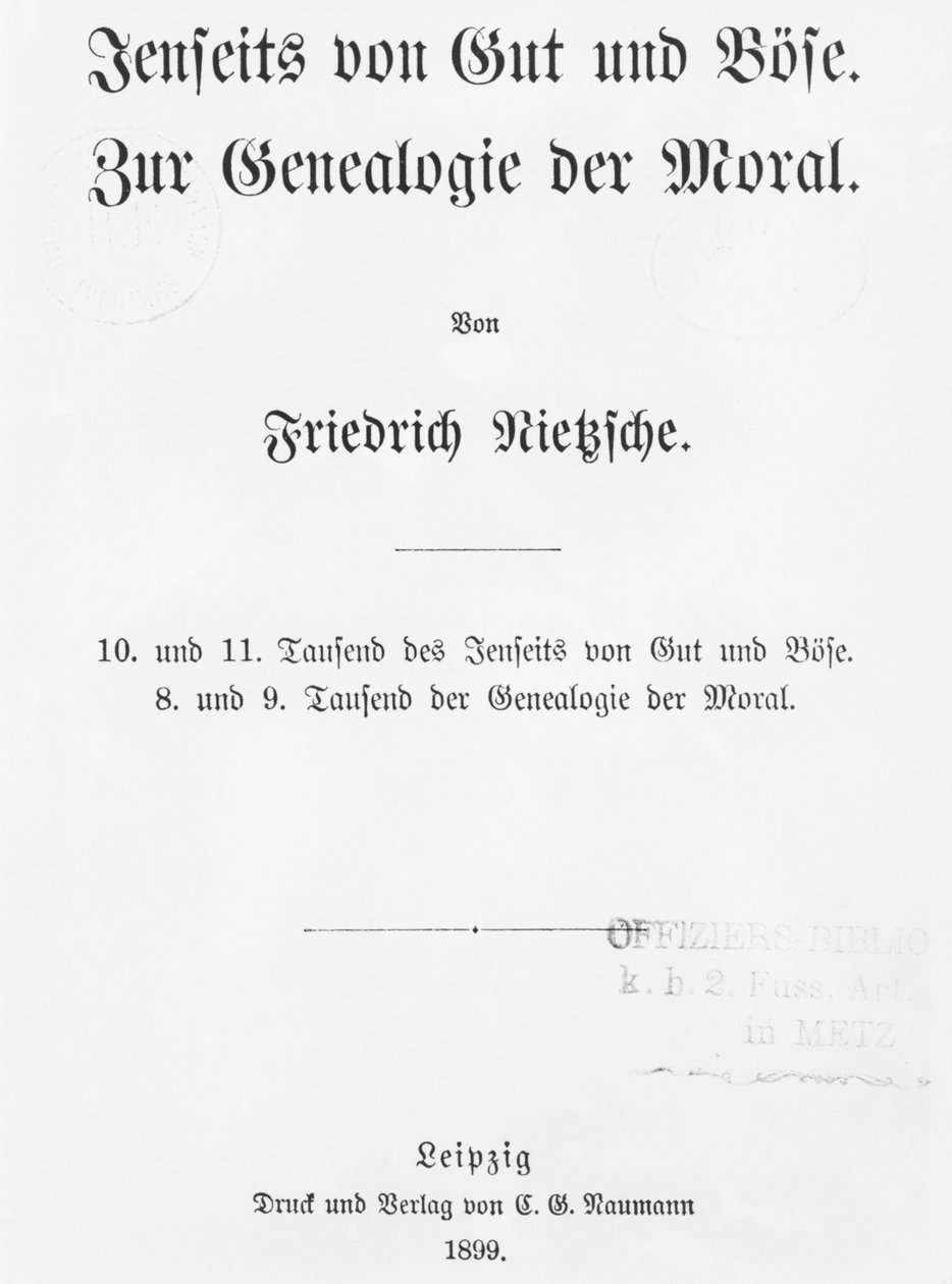 Tittelside av Beyond Good and Bose og On the Genealogy of Morals av Friedrich Wilhelm Nietzsche, utgitt Naumann, Leipzig, 1899 av German School