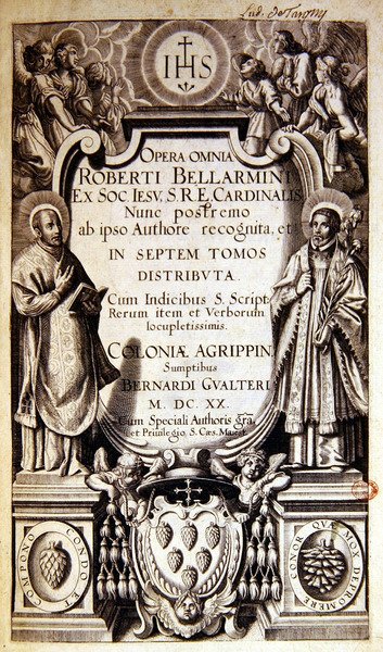 Tittelside til Opera Omnia (komplette verk) av Robert Bellarmine, utgave utgitt i Köln i 1620 (trykt papir) av German School