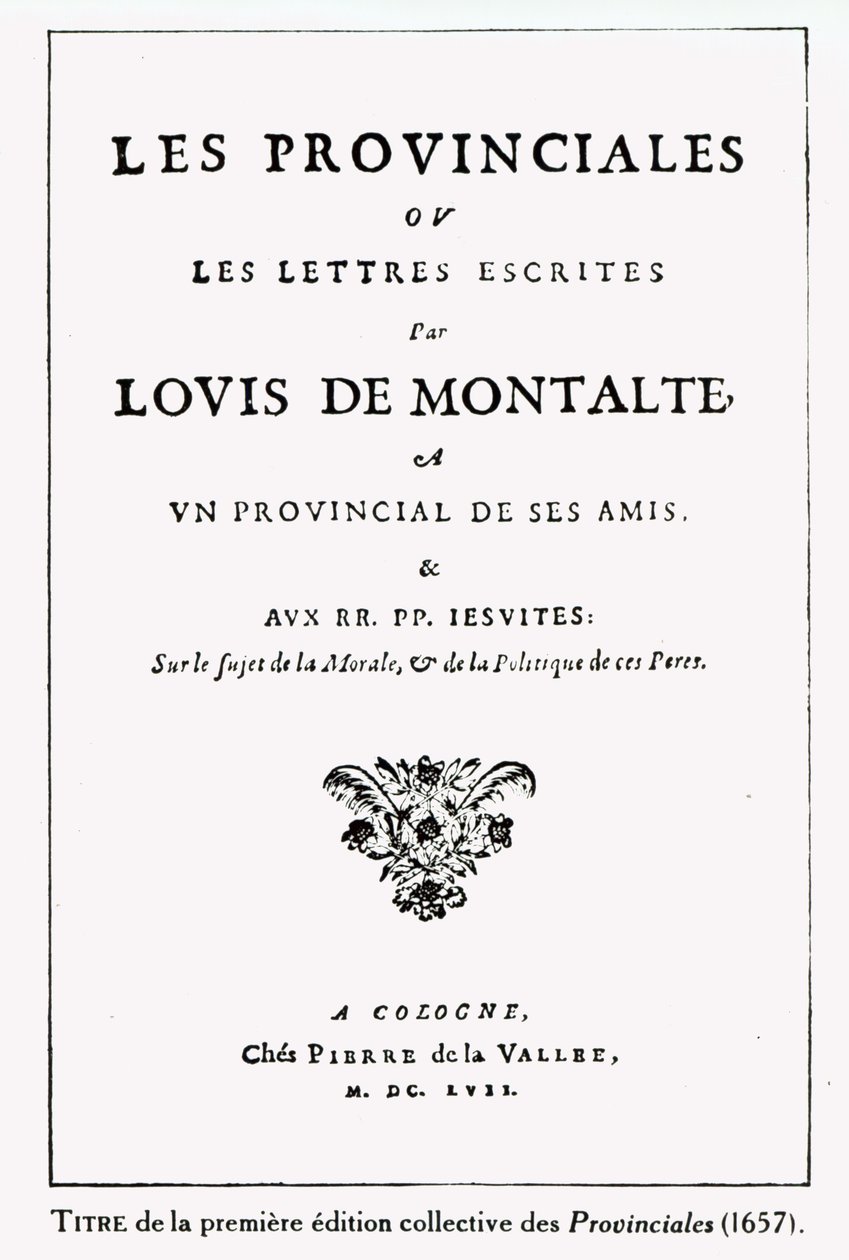 Tittelsiden til Les Provinciales av Blaise Pascal (1623-62), Amsterdam, 1657 (blekk på papir) av German School