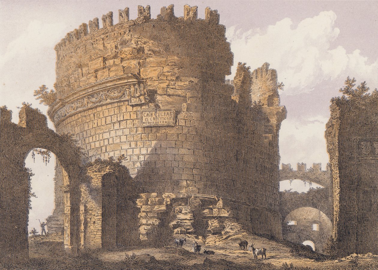Graven til Caecilia Metella, Roma (farge litho) av German School