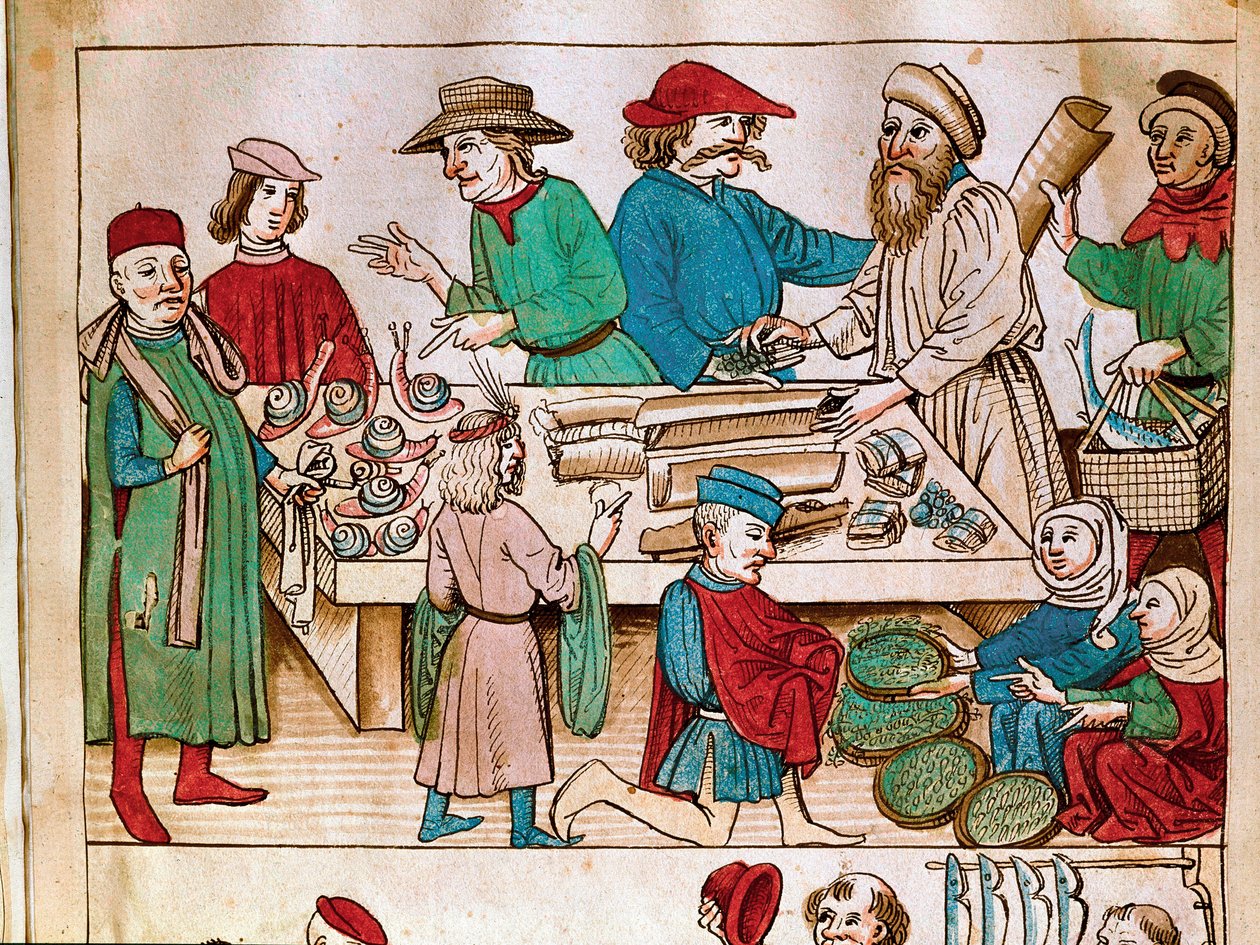 Handel: gåscene. Miniatyr fra "Chronicles of the Council of Constance" av Ulrich Richental (1360-1437) 1438 omtrent Praha, nasjonalbiblioteket av German School