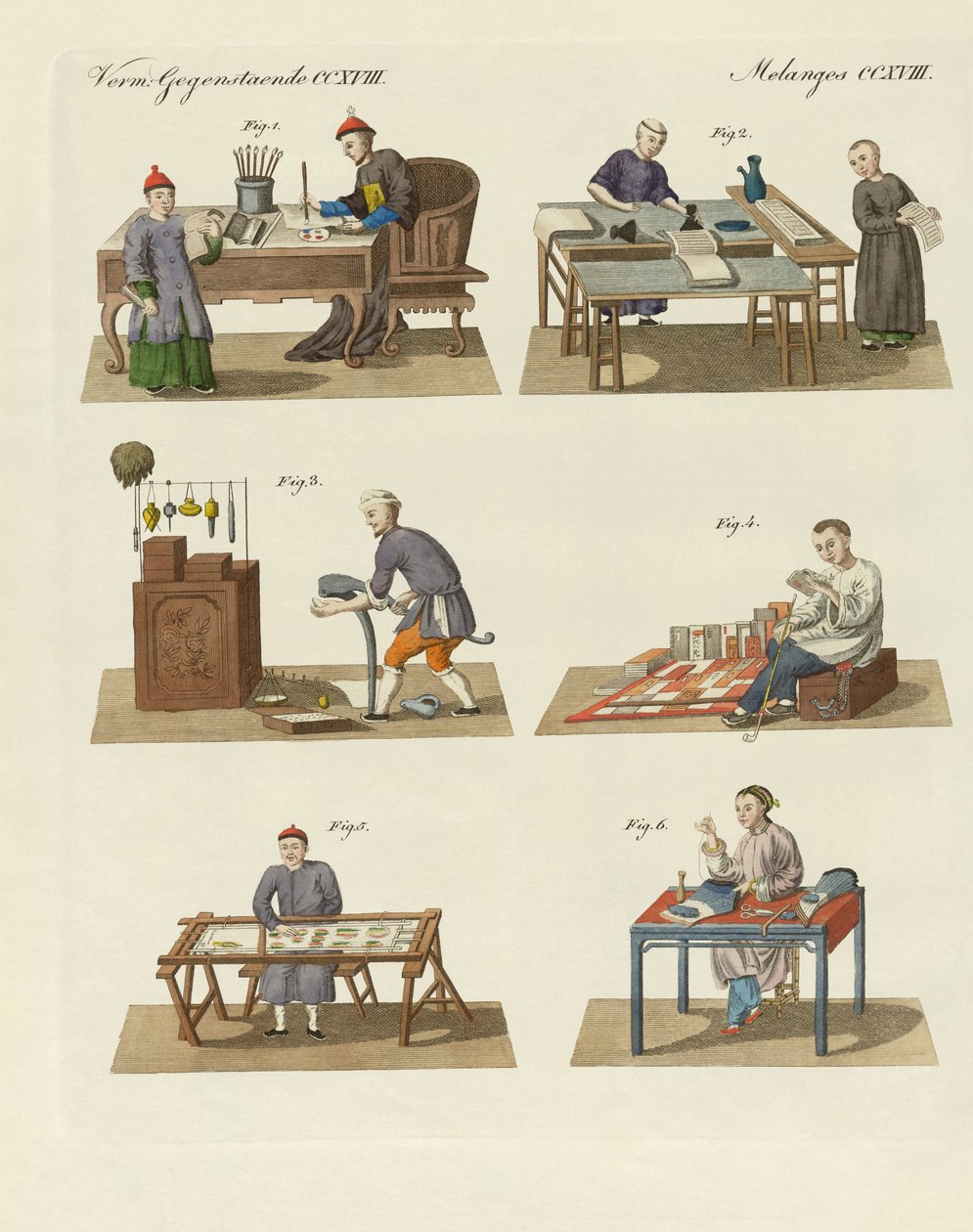 Handel, kunst og håndverk i Kina (farget gravering) av German School