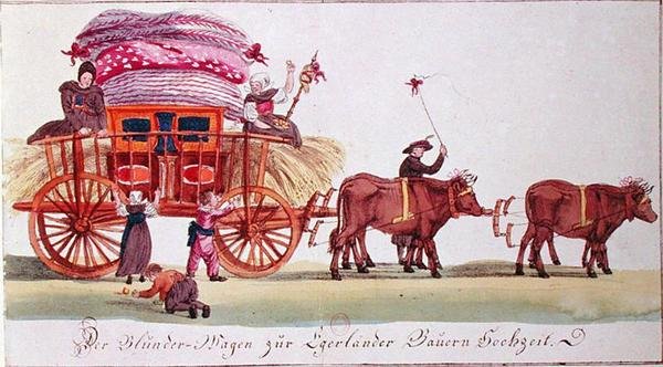 Transport av en ekteseng etter bryllupet til bønder fra Eger (nå Ched) i Böhmen (nå Tsjekkia) (akvarell på papir) av German School