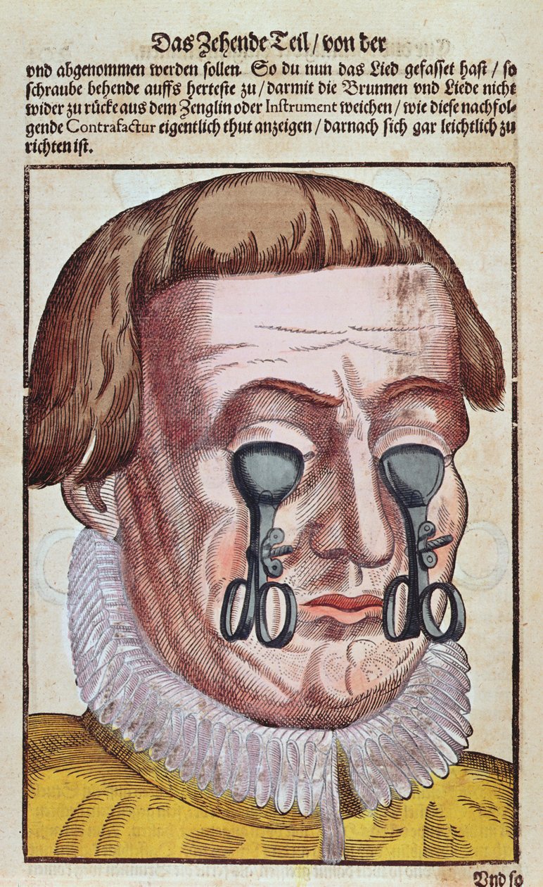 Behandling av en øyelidelse, fra Ophthalmodouleia av Georg Bartisch (1535-1636) utgitt i Dresden i 1583 (farget treblokktrykk) av German School