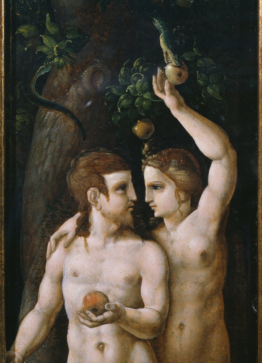 Triptych of the Creation, Adam og Eva, venstre panel (detalj) (se også 346194, 346195) av German School