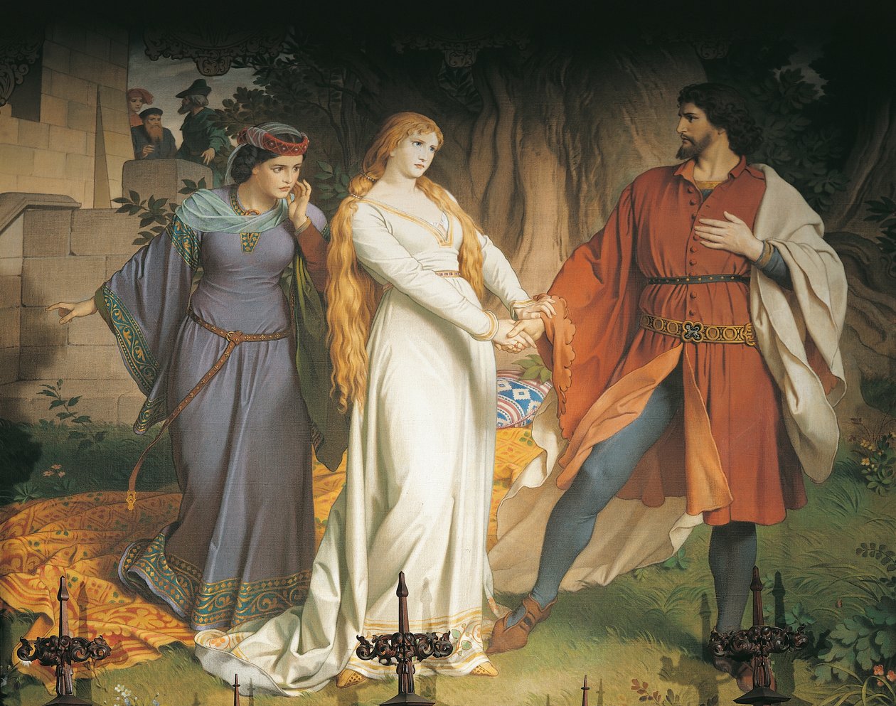 Tristan og Isolde møtes i det skjulte for siste gang, men møtet deres blir forrådt og kong Mark sårer Tristand med et forgiftet spyd, Soverom (veggmaleri) av German School