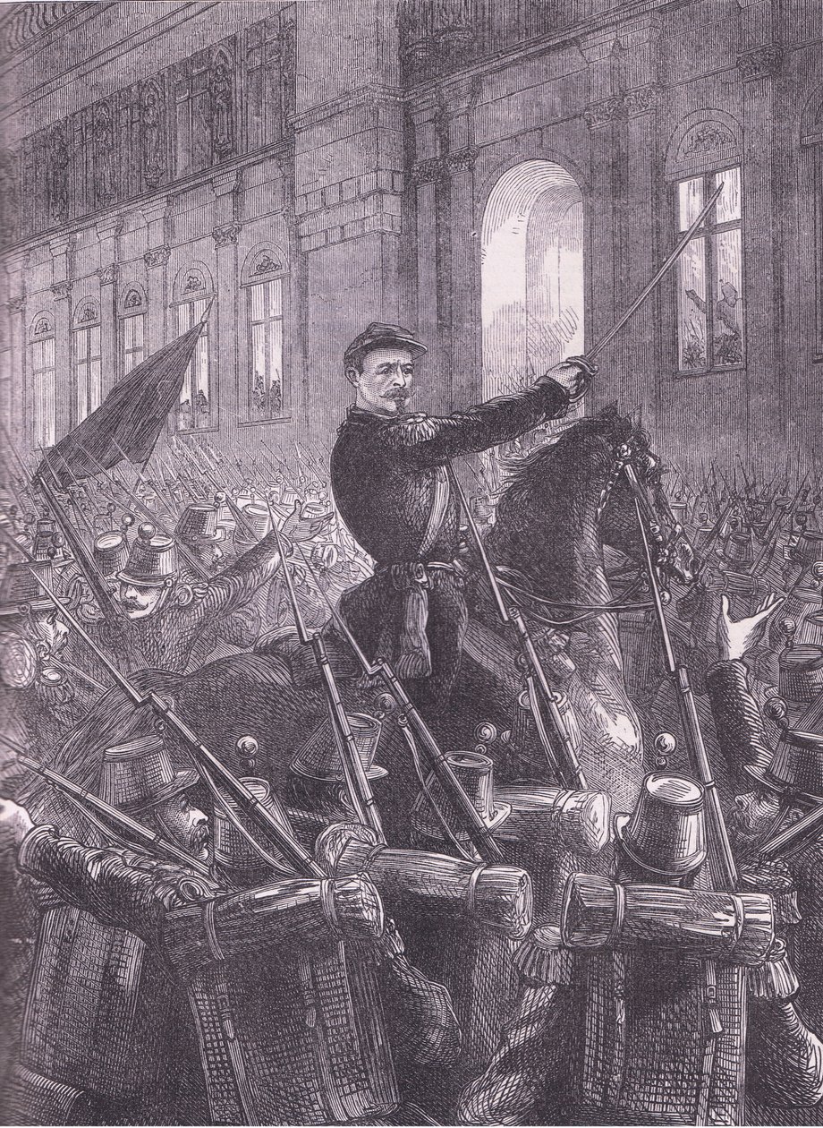 Trochu samler nasjonalgarden utenfor Hotel de Ville, Cassells historie om krigen mellom Frankrike og Tyskland utgitt av Cassell and Company Limited, ca. 1890 (litho) av German School