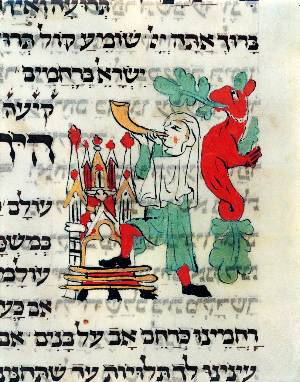Trompetist som blåser i Shofar på tidspunktet for Rosh Hashanah og Yom Kippur, manuskript i henhold til den tyske ritualen, 1200-1400-tallet av German School