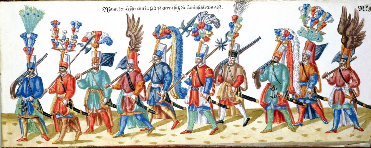 Tyrkiske janitsjarer, fra en samling illustrasjoner knyttet til domstolen til den osmanske sultanen, ca. 1600 (wc på papir) av German School