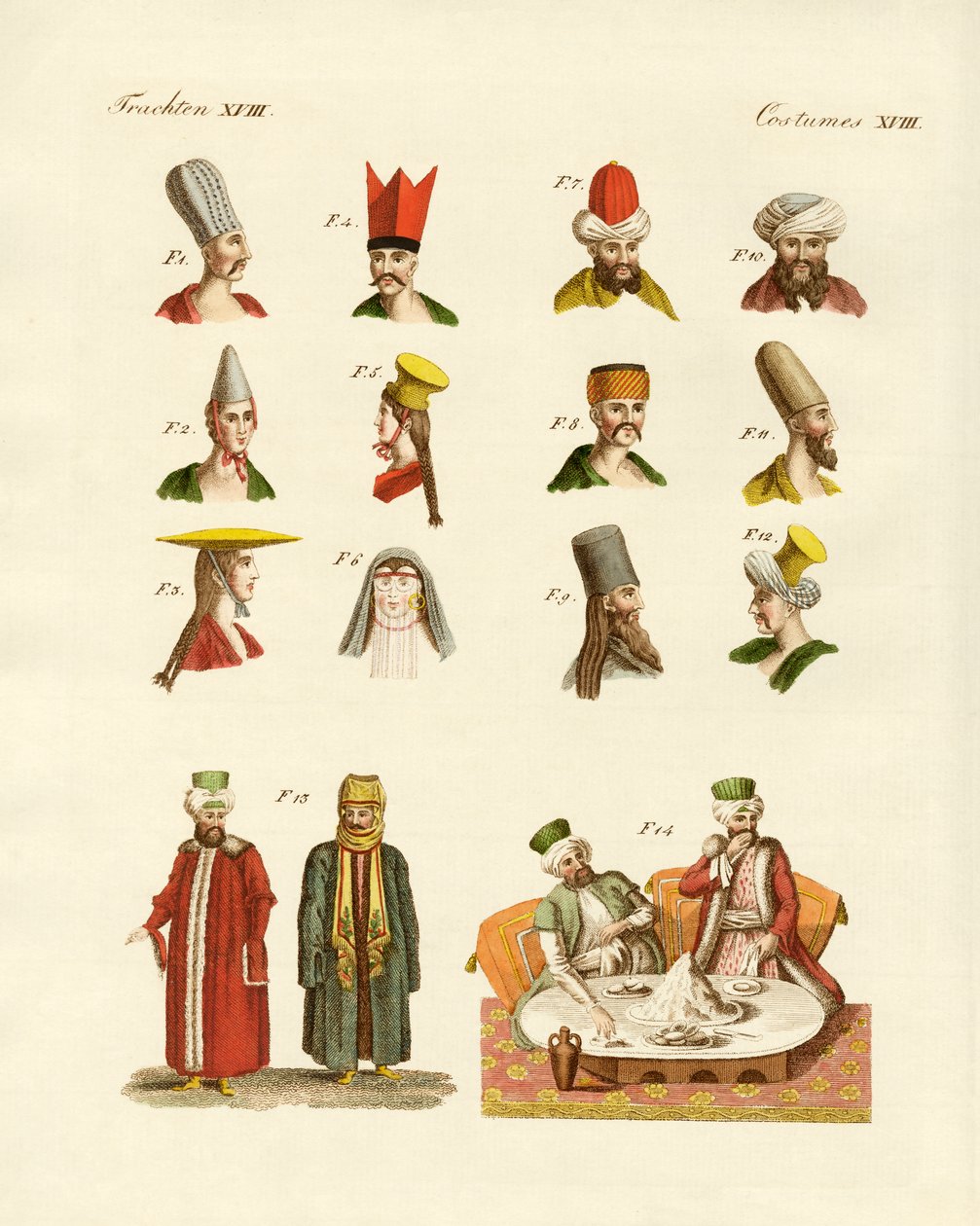 Tyrkiske nasjonaldrakter (farget gravering) av German School