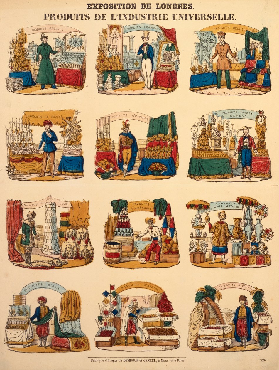 Tolv utstillingsstander fra forskjellige nasjoner på Great Exhibition i London, utgitt av Dambour & Gangel, Metz, 1851 (tregravering) av German School