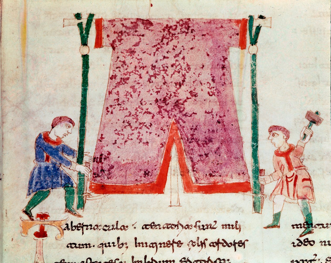 To menn står i telt. Miniatyr hentet fra manuskriptet "" De Universo" eller "" De rerum naturis"" (Fra tingenes natur) av Rabanus Maurus Magnentius (eller Raban Maur eller Rabano Mauro, ca. 780-856). 9. århundre. Arkiv fo av German School