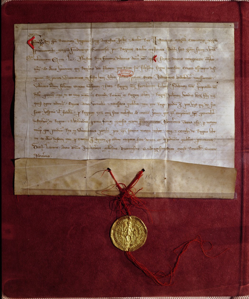 Forpliktelse fra keiser Frederick II (1194-1250) til å forsyne kong Ludvig IX (1214-70) med hester, våpen og proviant til det syvende korstoget, 1246 av German School
