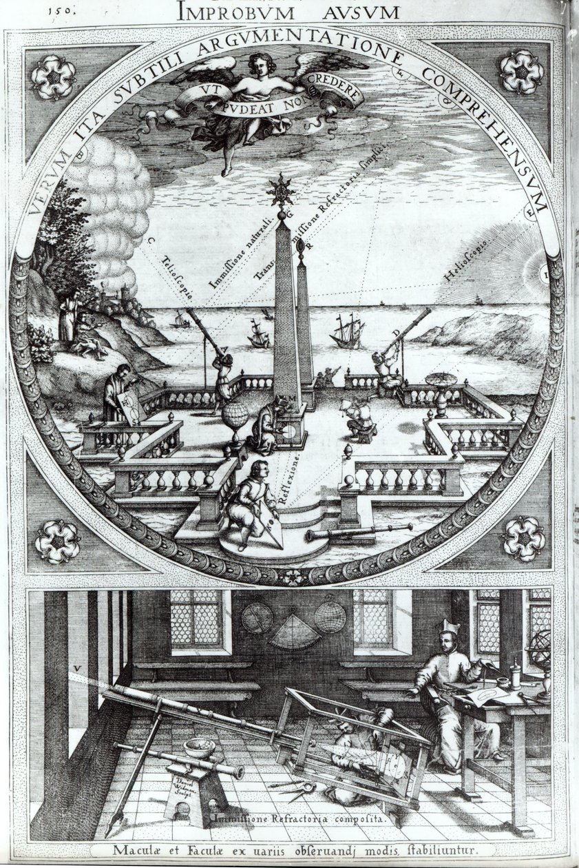 Ulike metoder for å observere solflekker, illustrasjon fra Rosa Orsina av Christoph Scheiner, publisert 1630 (for detaljer se 294058) av German School