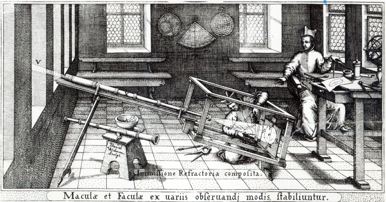 Ulike metoder for å observere solflekker, illustrasjon fra 'Rosa Orsina' av Christoph Scheiner, publisert 1630 (gravering) (s/hv foto) (detalj av 294057) av German School