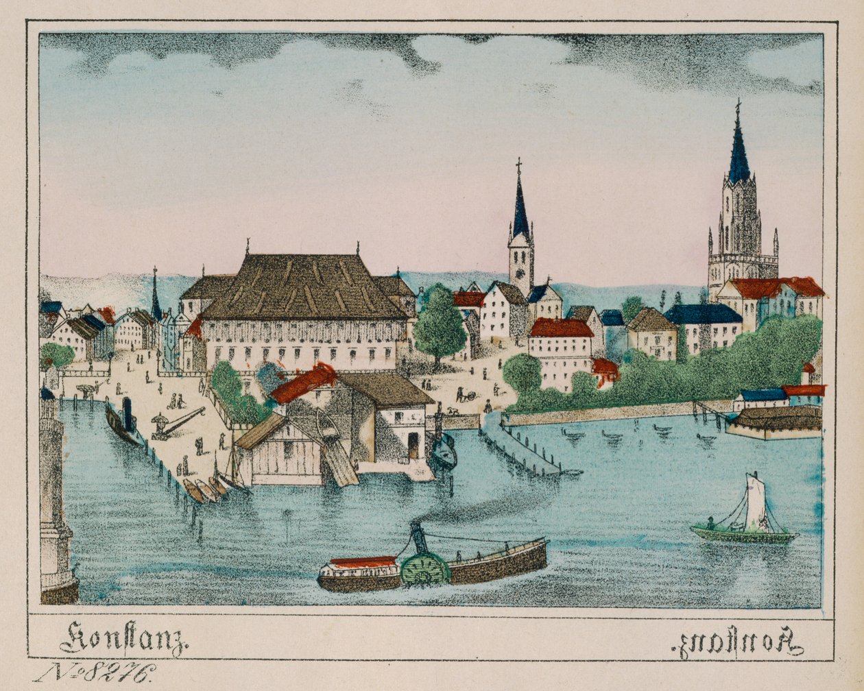 Utsikt over Konstanz som viser havnen, Konzil og katedralen, fra Neuruppiner Bilderbogen, 1830 av German School